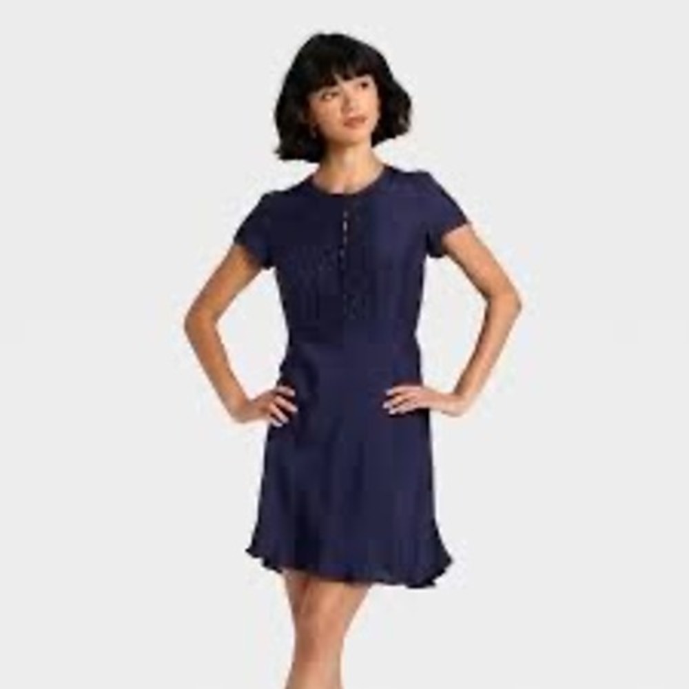 Universal‎ Thread Navy Blue Lace Crochet Bib Mini Dress XS New